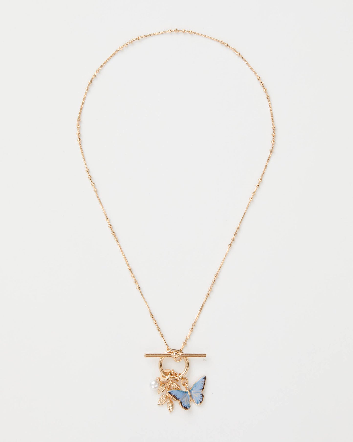 Fable England -  Enamel Blue Butterfly & Leaf Charm Necklace