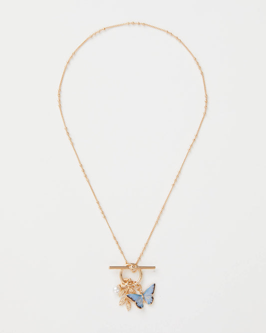 Fable England -  Enamel Blue Butterfly & Leaf Charm Necklace