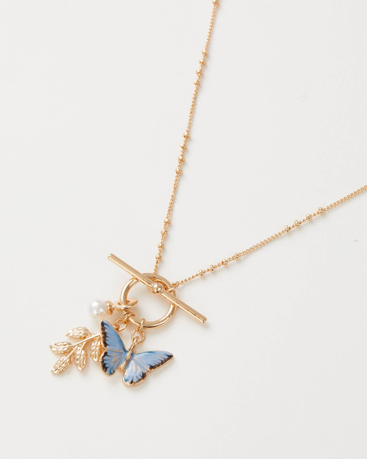 Fable England -  Enamel Blue Butterfly & Leaf Charm Necklace